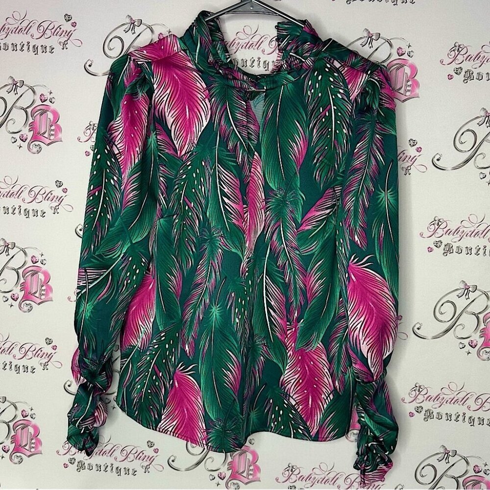 Y.a.s shirt long sleeve Tropical feather Print Blouse luxe jungle Green and Pink
